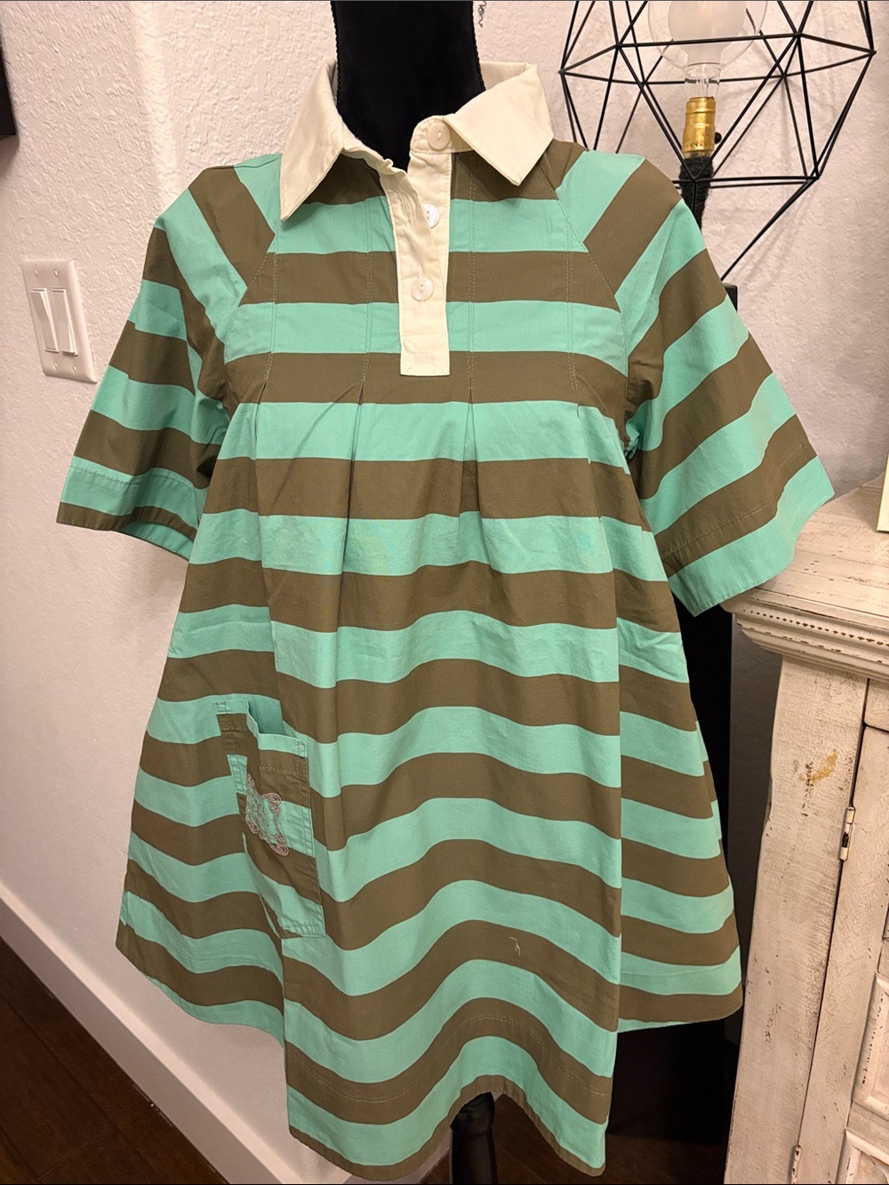 Womens Striped Polo Dress - Mint Green and Olive Damson Madder by Anthropologie